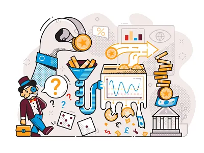 Investing Process bank business businessman concept illustration investing investments line art making man money monopoly process trading