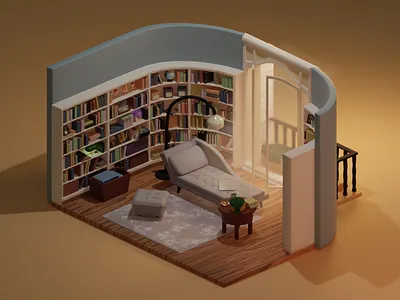 Library 3d blender illustration interio design isometric isometric room library living room