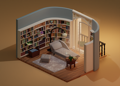 Library 3d blender illustration interio design isometric isometric room library living room