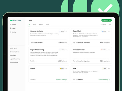 Tests Screen from Quicktest app design branding design list product design ui ux