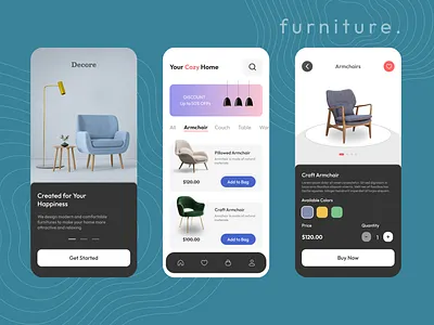 Furniture eCommerce App Concept app appdesign armchair branding design ecommerce furniture illustration mobile shot store ui ux
