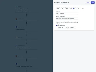 Journeys Time Window Scheduling email esp flow interface journey messaging push pushnotifications schedule sms timezone ui workflow