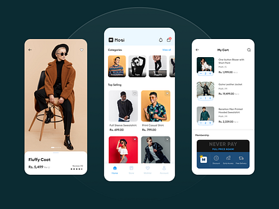 Mosi - Fashion Mobile App 👗 animation branding creative design design pearl ecommerce fashion graphic design home ios app logo mobile mohamed tharik my caart new popular prototype sale simple work ui