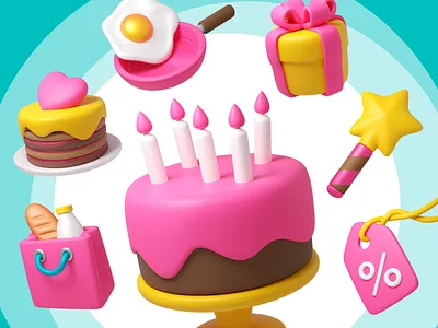 Foods 3d b3d blender bread business cake candle delivery e commerce egg fresh gift goods heart icon market milk ozon package star