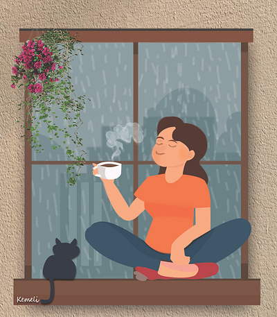 Girl in rain having coffee