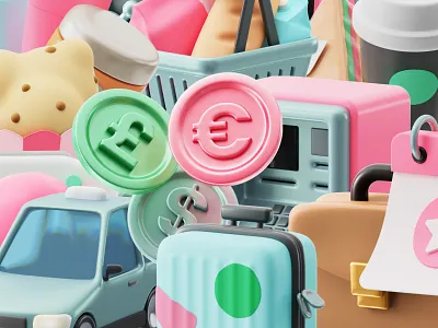 Expenses. 3D icon set. 3d app art atm c4d cash category coins colorful coronarender expenses finance groceries iconset illustration money taxi travel trend ui