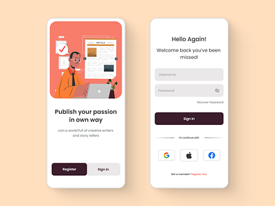 Sign up Page app article blog app design illustration ios login mobile news onboarding orange registration signin signup ui ui ux user experience user interface ux