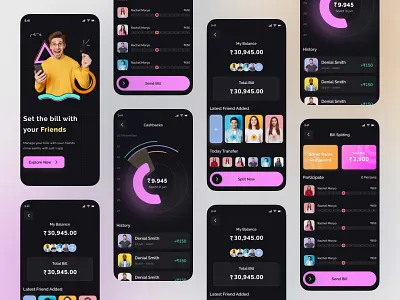 Split Bill - Mobile App Design 💵 app bill pay app billing figma finance fintech fintech app ui freebie friends mobile money payment payment app send money app split splitbill transaction trending ui ui wallet