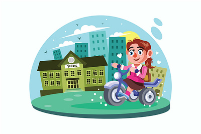 Young Girls go to School Vector Illustration bicycle