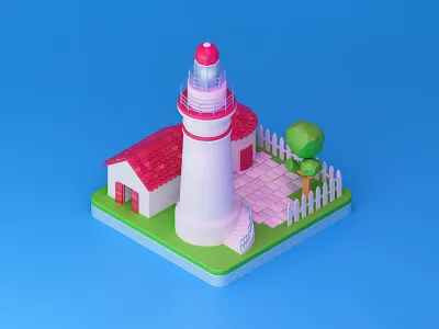 Lighthouse 3d barn blue c4d house illustration lighthouse pink tile ui white