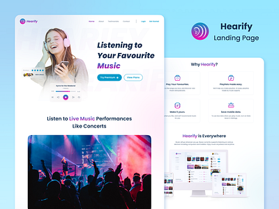 Hearify Web Design - Landing Page 2d adobe illustrator adobe photoshop case study concept creative daily ui daily ui design design figma music music player song spotify ui ui design ux design web web design website