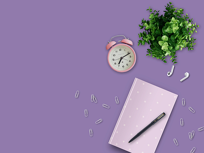 Purple Desk | Book, Alarm, Plant | Background 2d abhinaya abhinayakondi aesthetic alarm book computer design desk graphic design illustration keyboard kondi light plant purple top view ui vector violet