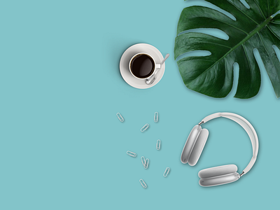 Light Blue Desk | Headphones, Tea, Plant | Background 2d abhinaya abhinayakondi aesthetic background blue coffee computer design desk graphic design illustration keyboard kondi plant table tea top view ui vector