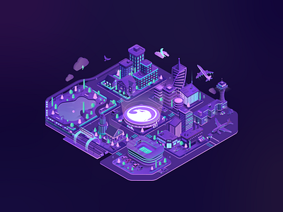 City Map Isometric Illustration for Blockchain blockchain isometric map dark illustration dark mode illustration isometric city isometric map isometric train isonetric street