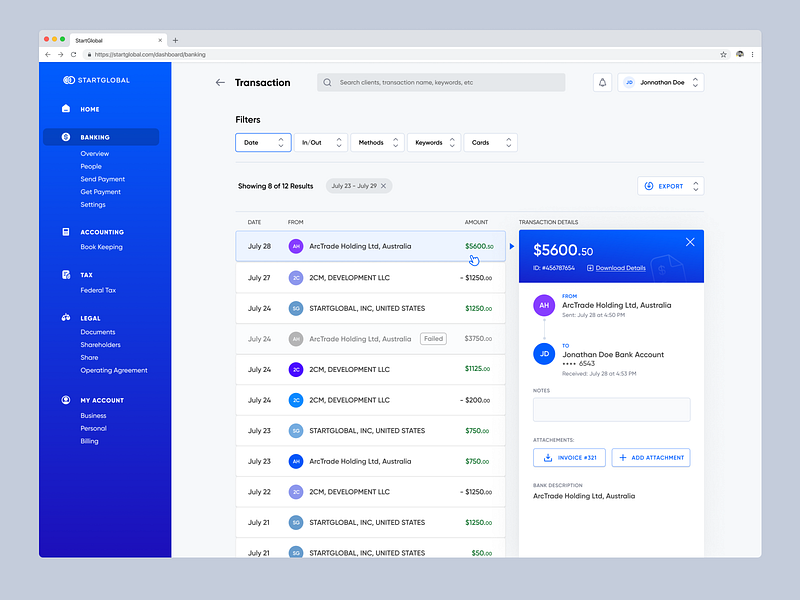 Transaction Page - SG details filters menu payment product design search transaction uiux web web design website