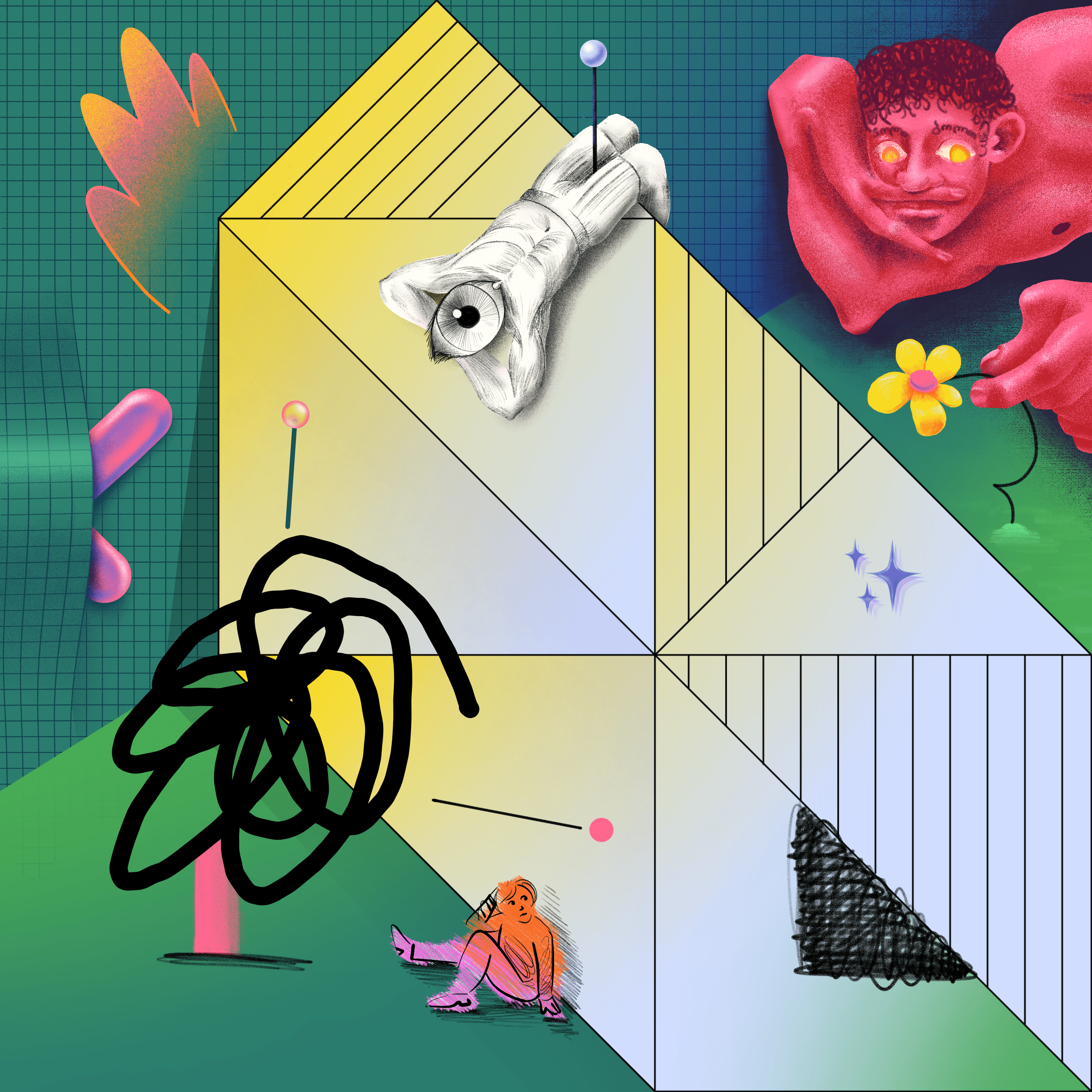 Home yet 2d character geometric illustration mind mixed psychedelic shapes spot surreal thought