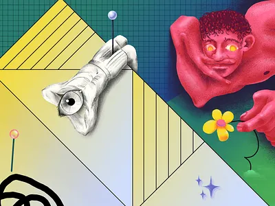 Home yet 2d character geometric illustration mind mixed psychedelic shapes spot surreal thought