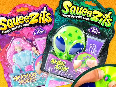 Squee-Zits alien backer card boy child children fun girl graphic design gross kid kids logo mermaid packaging pimple slime squeeze toy toys zit