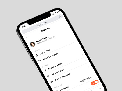 New menu / Settings page for Personal profile OVOU add to contact card design contact sharing corporate profile ecommerce menu minimalism mobile design mobile ui nfc card profile profile card profile design settings share contact smart business card ui uidesign vcard web