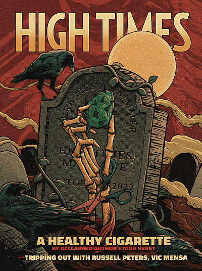 High Times cannabis crow grave graveyard halloween magazine moon raven skeleton skull tomb