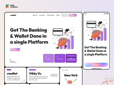 Banking Landing Page UI Design. bank banking capi creative design ebank ewallet herosection illustration invest investment landingpage money platform presentation purple ui uidesign uxdesign wallet