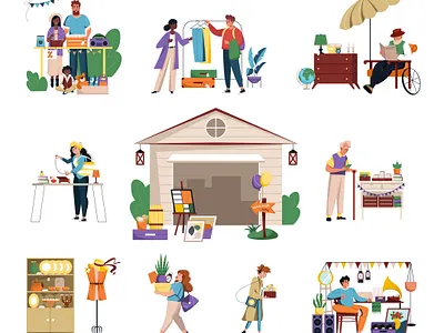 Garage sale set bazaar flat garage illustration sale vector