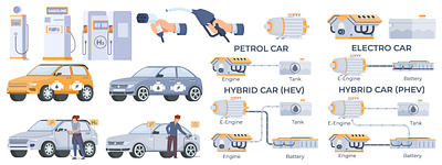 Hybrid car set car flat hybrid illustration transportation vector