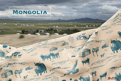 MONGOLIA animals illustration landscap mongolian seamless pattern textile design toile de jouy vast spaces