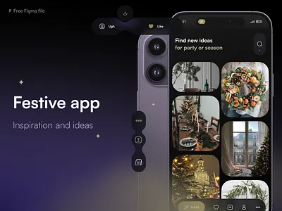 Festive App + freebie app christmas dark theme deco design feed festive flat free freebie idea inspiration inspo modern new year party simple ui