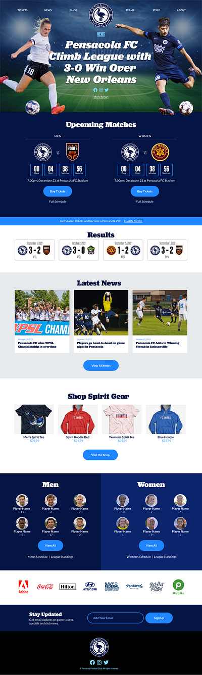 Pensacola FC - NPSL Home Page Design branding design football futbol graphic design home page page layout soccer ui website design
