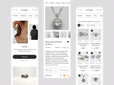 Pomeriggio Jewelry Store Concept accessories beauty branding clean design hero page jewellery jewelry main page minimalistic mobile adaptation mobile design product page search search results shop typography ui ux web design