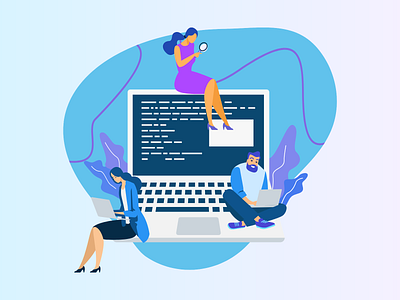 Computer - People Working Illustration 2d abhinaya abhinayakondi blue brainstorming engineering flat graphic design ideas illustration infographic kondi laptop people pink purple tech technology work working