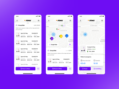 Fenix Scooter Sharing App adobexd app branding design illustration iphone design logo minimal rentals renting scooter ui ui design uiux ux