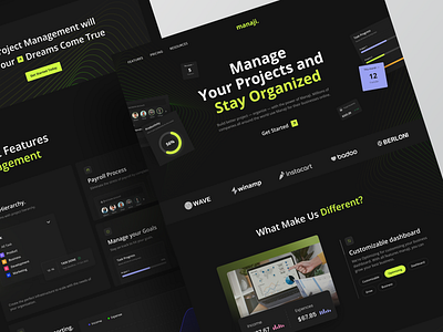 Manaji - Project Management Landing Page assign task business darkmode dashboard design landing page management organize productivity project management tool saas schedule task task management task manager to do list ui ux webdesign website