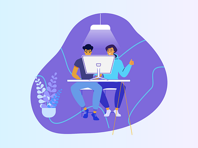Friends working on a project 2d abhinaya abhinayakondi aesthetic boy boys computer design flat friends graphic design homework illustration kondi minimalistic purple ui vector work working