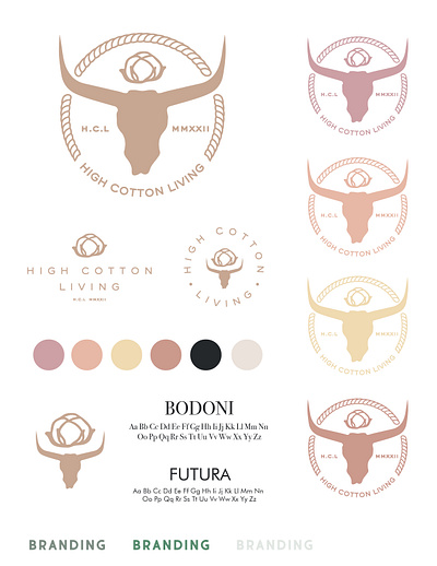 High Cotton Living Logo and Brand Design adobe illustrator brand design branding cattle cow design girly graphic design logo logo design merchandise neutral pastel southern style guide vector western