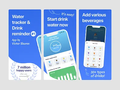 ASO for Water Tracker app app design appstore aso design flat minimal screenshots ui