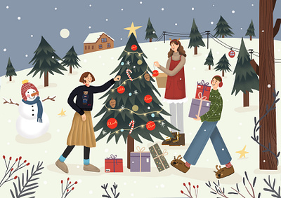 Happy New Year! 2d art christmas christmastree design digital art draw drawing gift happynewyear holiday illustration illustrator newyear procreate snow snowman