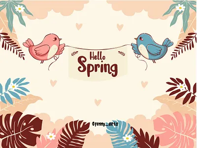 Charming Spring-Themed Illustration with Birds and Flowers background bloom blooming blossom botanic botanical cloud field floral flower grass green meadow nature park season sky spring tree wallpaper