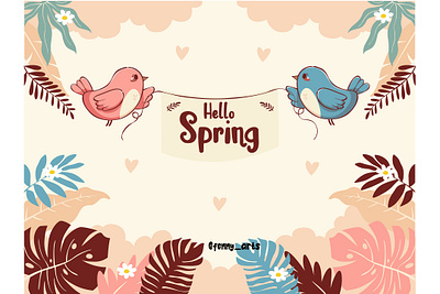 Charming Spring-Themed Illustration with Birds and Flowers background bloom blooming blossom botanic botanical cloud field floral flower grass green meadow nature park season sky spring tree wallpaper