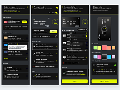 Settings Components | Order new card bank card colour dark debit design gradient iconography material mode payments transfer ui ux vector