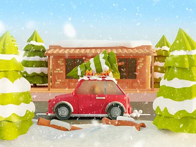 Christmas Car 3d 3d blender 3d blender illustration 3d car 3d christmas 3d cute 3d forest 3d illustration 3d nature 3d new year christmas christmas car christmas car 3d georgia graphic design illustration new year snow tbilisi ux