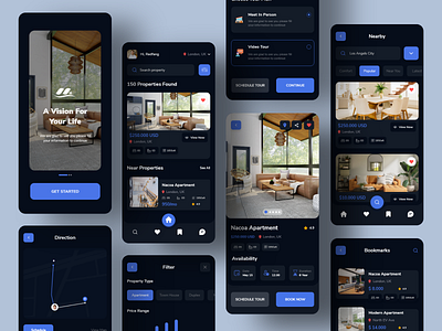 Property Finder applications Design (Dark version) agent animation apartment broker building design home hotel house housing minimal properties real estate real estate app realtor rent residence ui water forse website