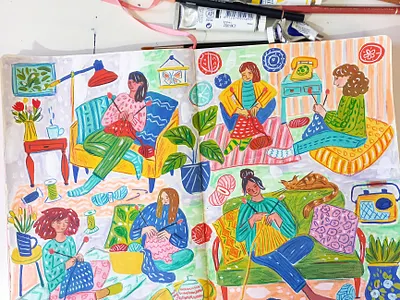 Knitting Time art drawing flowers gouache hand drawn illustration knitting painting pattern people sketchbook