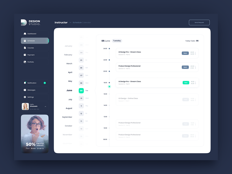 Schedule Calendar - Student Dashboard Design - LMS Platform calendar clean dark dashboard green learning light management minimal schedule schedule design ui design