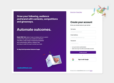 madewithted.com create account page create account form onboarding product design saas signup ui ux