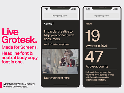 Live Grotesk Web Font ad advertising black brand branding dark font design fonts graphic design magenta mobile mobile web design phone pink typography ui ux web design website