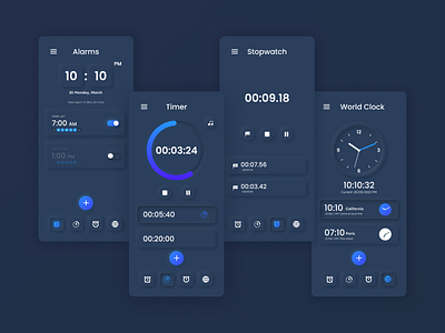 Clock App Neomorphism 3d abhinaya aesthetic alarm black blue clock dark design effect graphic design kondi minimalistic mode neomrphism stop theme timer ui vector