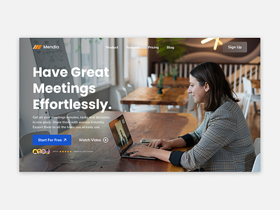 Mendio - Video Conference Hero section background image branding clean daily dailyui design figma hero section landing page meeting modern product design ui uiux video call video conference web web design website design