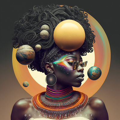 Afro Fantasy 3d 3dart 3dillustration aiart aiartist aiartwork beauty branding fantasy fashion femaleportrait girl illustration painting planet portrait womanpower
